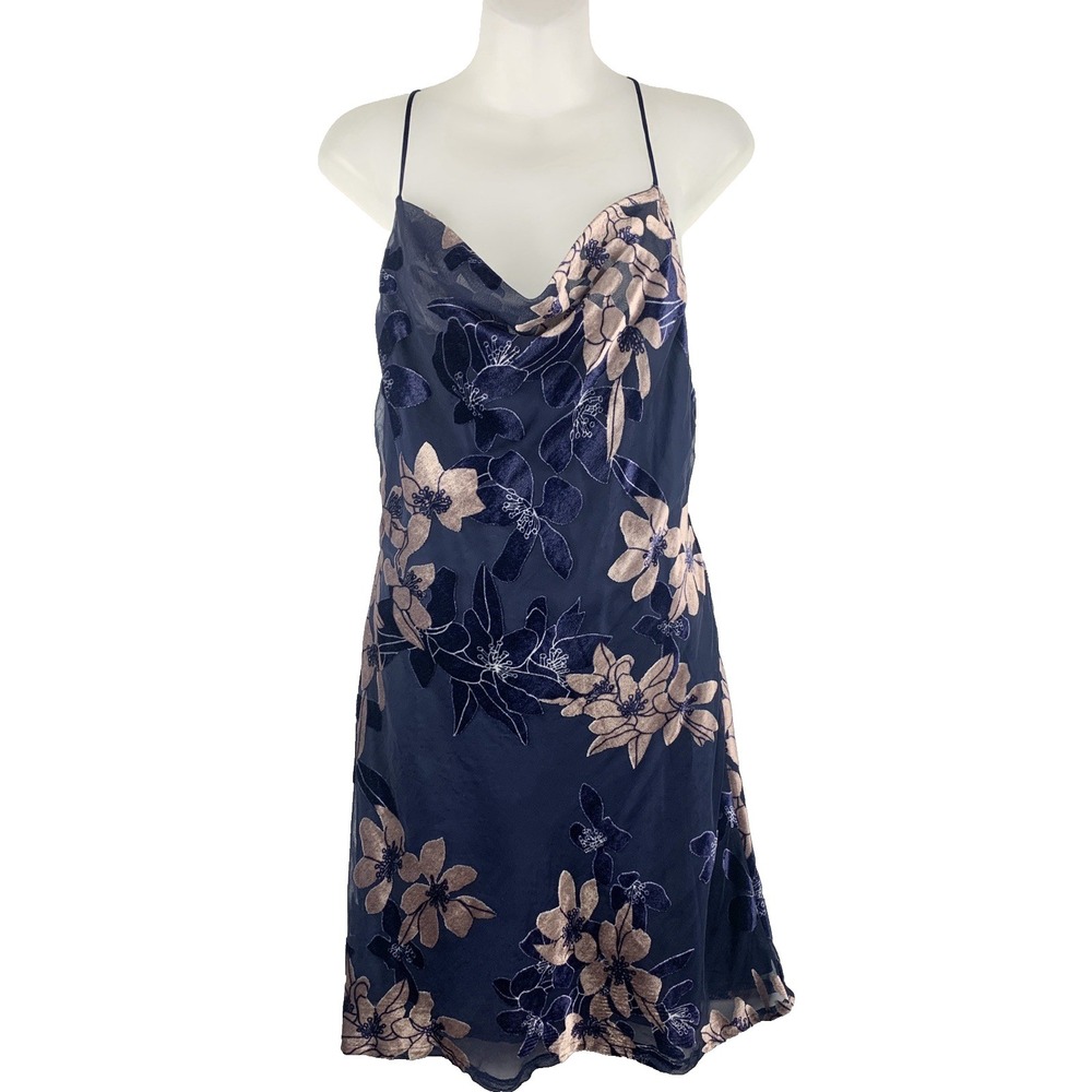 Cheeky Chic Y2K Blue Velvet/Sheer Floral Cowl Neck Mini Slip Dress Strappy Sz M
